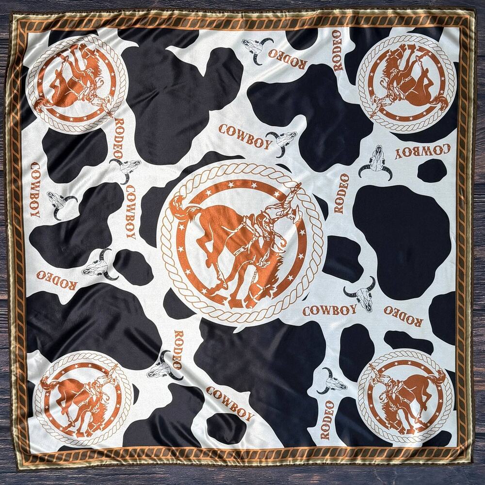 Cow Print Cowboy Wild Rag Scarf Black Ivory Rust Polyester 36x36